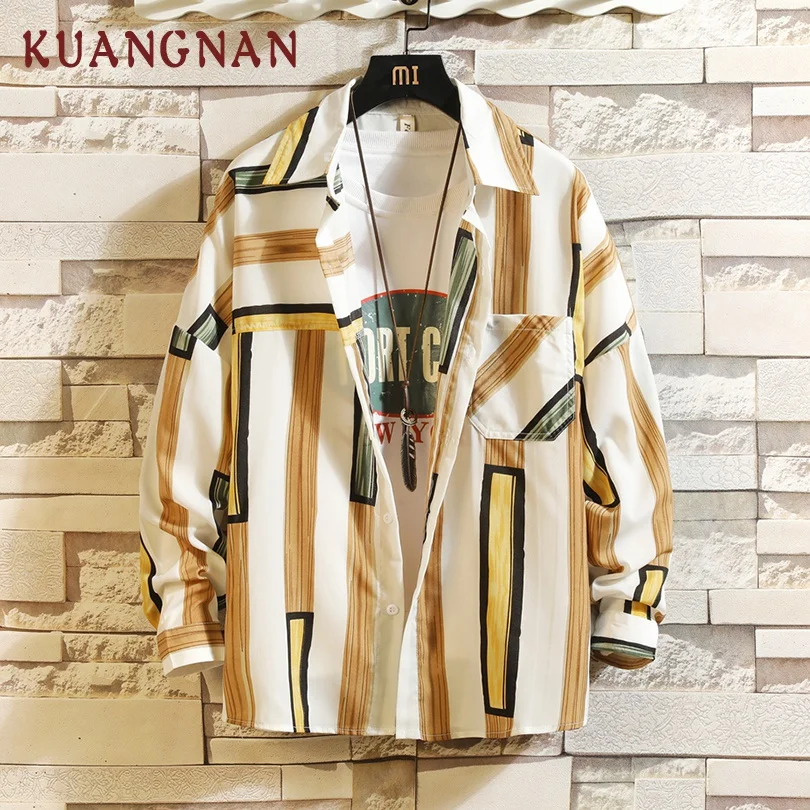 KUANGNAN, японский стиль, полосатая рубашка, Мужская Уличная одежда ...