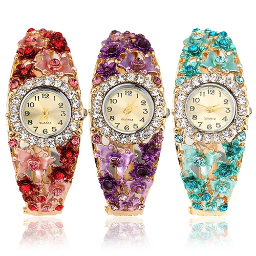 Для женщин цветок платье с вышитыми бабочками часы Круглый циферблат горный хрусталь браслет наручные часы C2K5W