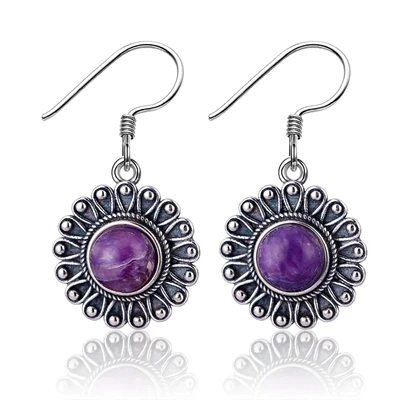 Nasiya модный винтажный стиль Природный чароит бусины драгоценный камень для женщин серьги ювелирные изделия из стерлингового серебра свадебный подарок - Цвет камня: Фиолетовый