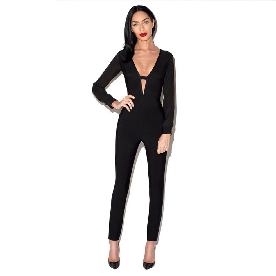 2019 New Chic Casual Solid Color Romper women jumpsuits V-Neck long Sleeves Bodycon bandage Back zip Rompers Women Jumpsuits |