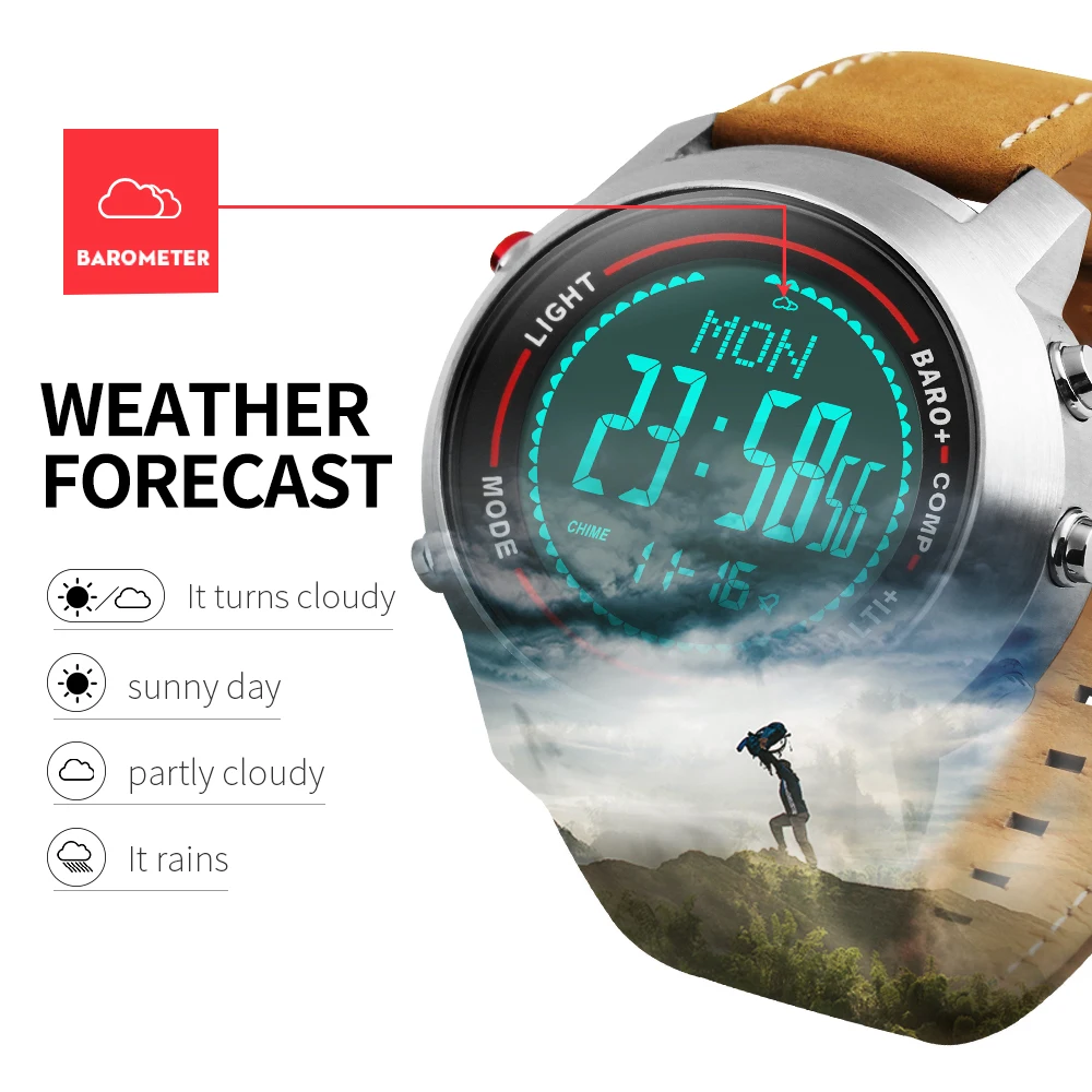 

Sports Watches Men Outdoor LED Digital Wrist Watch Chronograph Compass Barometer Waterproof Leather Clock Male Relogio Masculino