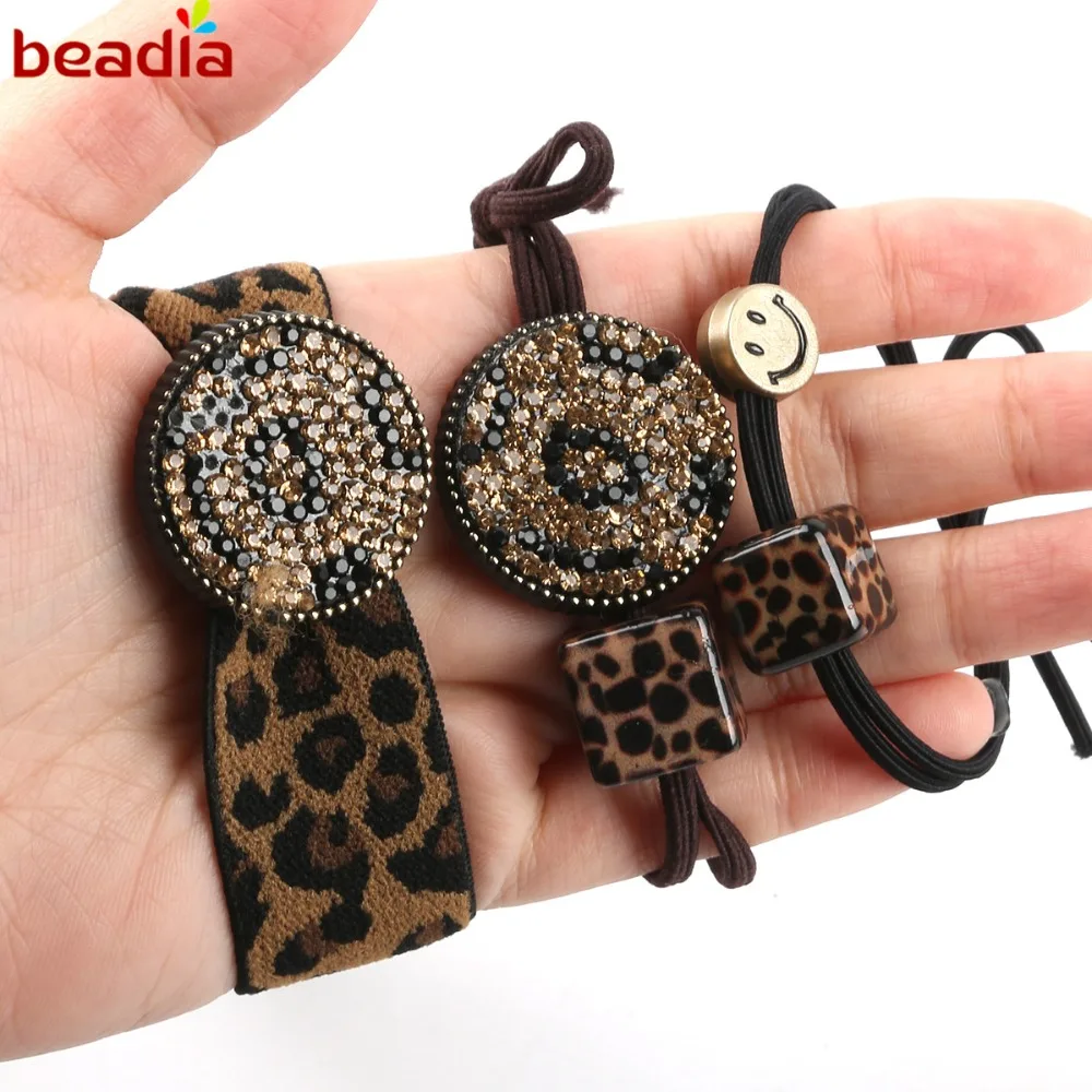 

Fashion Leopard Print Smile Face Crystal Elastic Hair Band Rhinestone Hair Bow Rubber Band Hair Ring Hair Accessories For Women