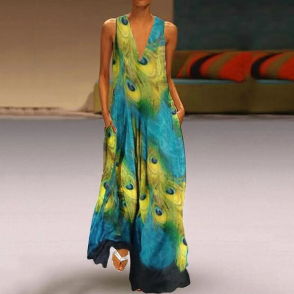 

Summer Dresses Women's Casual Sleeveless V-neck Feather Print Maxi Tank Long Dresses Party Dress Robe Fem vestidos de festa