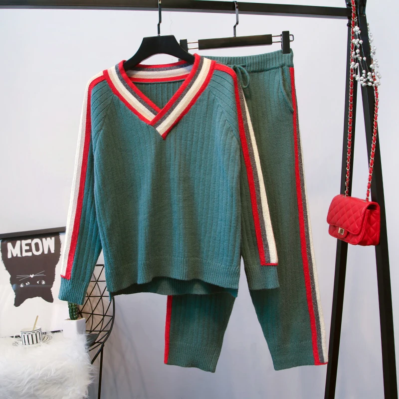

New Autumn Winter Fashion Women's Sets Color Block V Neck Loose Knitted Tops + Ultra Long Trousers Female Suits