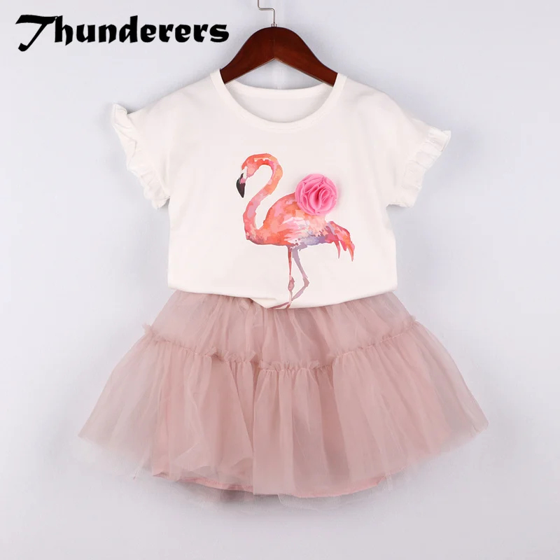 

New children's girls clothing suit flamingo pattern white T-shirt pink yarn woven bud skirt children's clothing set 3-7Y
