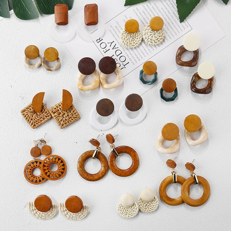 AENSOA Multiple 27 Style Korea Handmade Wooden Straw Weave Rattan Vine Braid Drop Earrings New Fashion Geometric Long Earrings