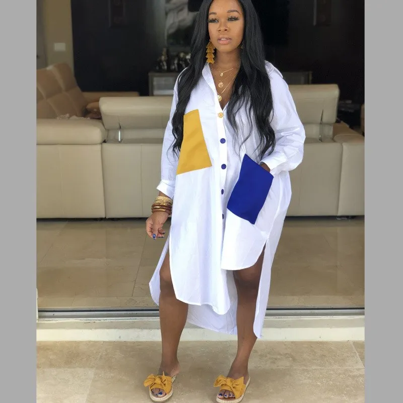 

Women Pocket Long Sleeve Shirt Dress Autumn High Low Asymmetrical T Shirt Dress Casual Oversize Plus Size Dresses