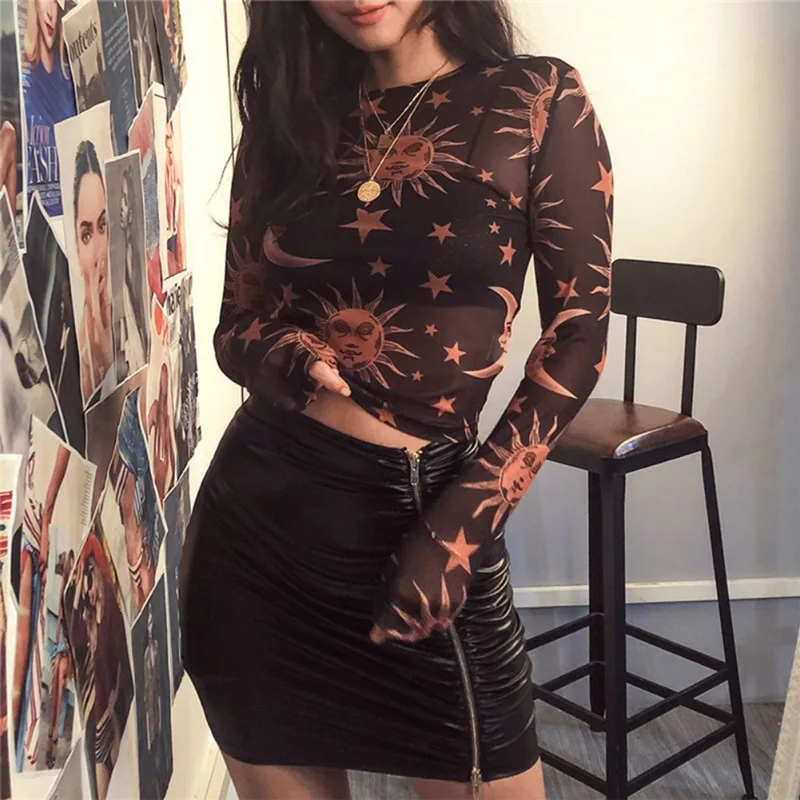 

Women T-shirts Sun Moon Star Printed Boho Mesh Top Sexy Transparent Female T-shirt Fashion O-Neck Long Sleeve Tops
