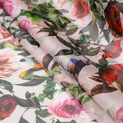 Сицилийская роза цветы птицы шелк тутового шелкопряда шифон ткань для женщин летние платья блузка брюки Швейные DIY-AF629