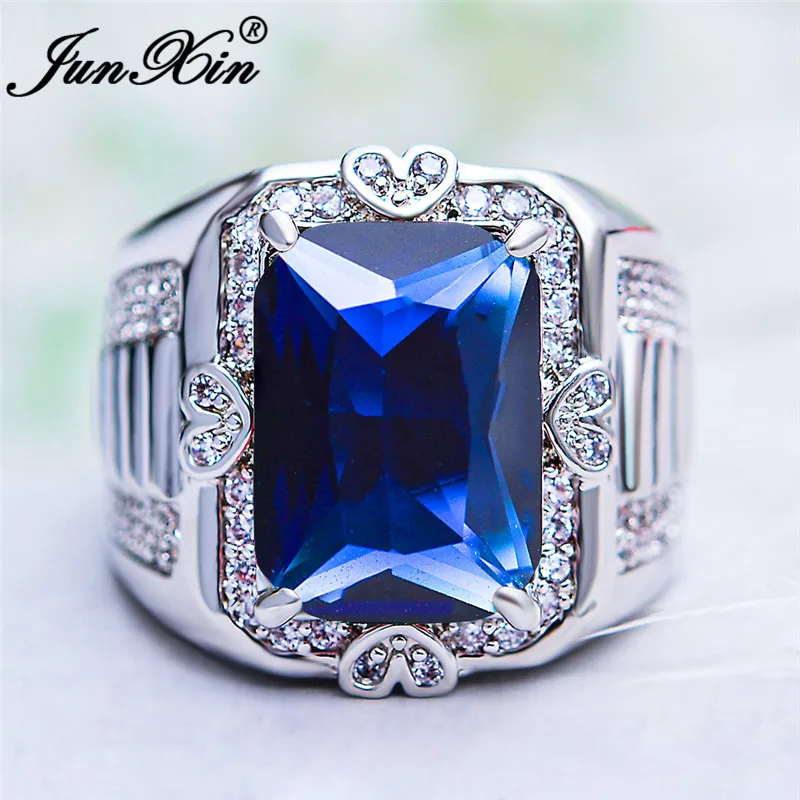

Luxury Male Royal Blue Stone Geometric Rings For Men Women Silver Color White Gold Ring Big Rectangle Zircon Boho Wedding Bands