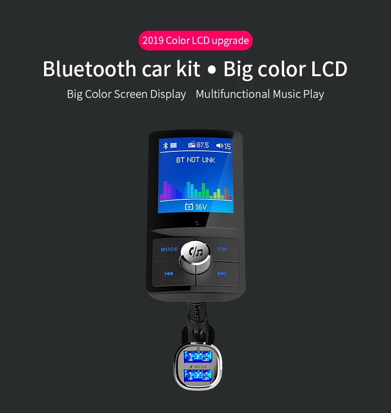 Jilang fm-передатчик Автомобильный MP3 беспроводной Bluetooth громкой связи автомобильный аудио-AUX модулятор с QC3.0 двойное зарядное устройство USB цветной экран