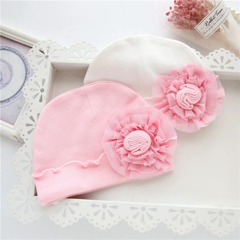 

2PCS/SET Sweet Princess Baby Hat PINK/White Cotton Infant solid Beanie child cap 0-12months For Girls Newborn Spring with flower