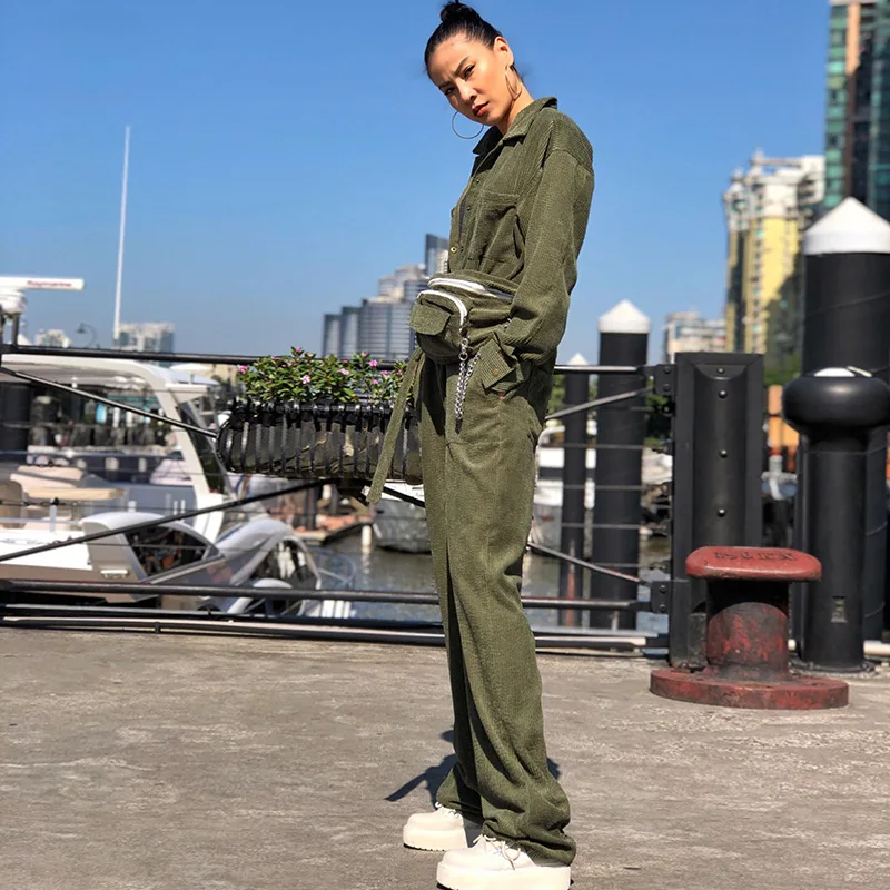 Retro Corduroy Rompers Women Single Breasted Jumpsuit Cargo Wide Legs Overalls with the Belt Bags Casual One-piece Suits Romper
