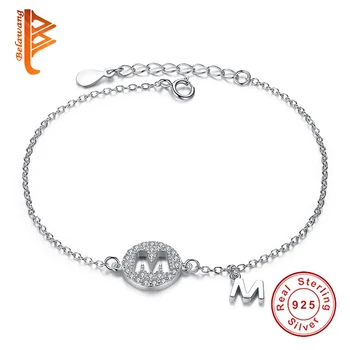 

BELAWANG Simple OL Style CZ Micro Pave Chain Bracelets & Bangles 925 Sterling Silver Alphabet Letter M Charm Bracelets For Women