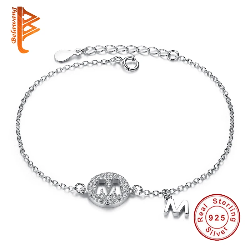

BELAWANG Simple OL Style CZ Micro Pave Chain Bracelets & Bangles 925 Sterling Silver Letter M Charm Bracelets For Women