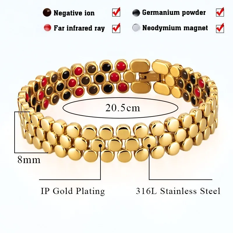 Hottime терапия магнитные браслеты для женщин и мужчин золото нержавеющая сталь мощность камни звено цепи унисекс браслеты