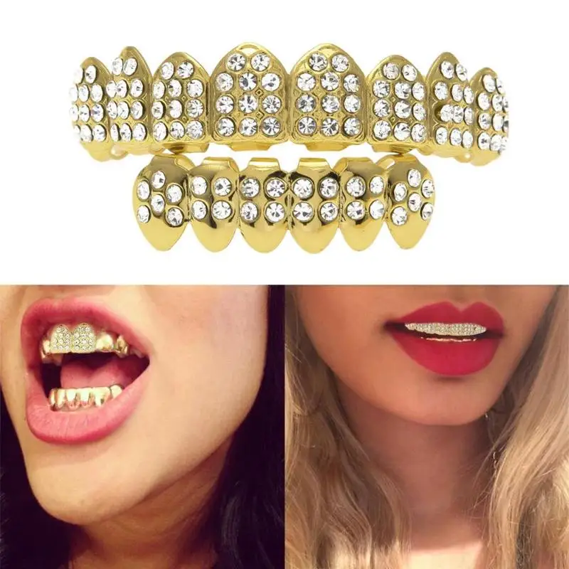 

Hip Hop Custom Fit Teeth Hollow Open Face Gold Sliver Mouth Caps Single Full Drill Tooth Cap Top & Bottom Set Party Gift