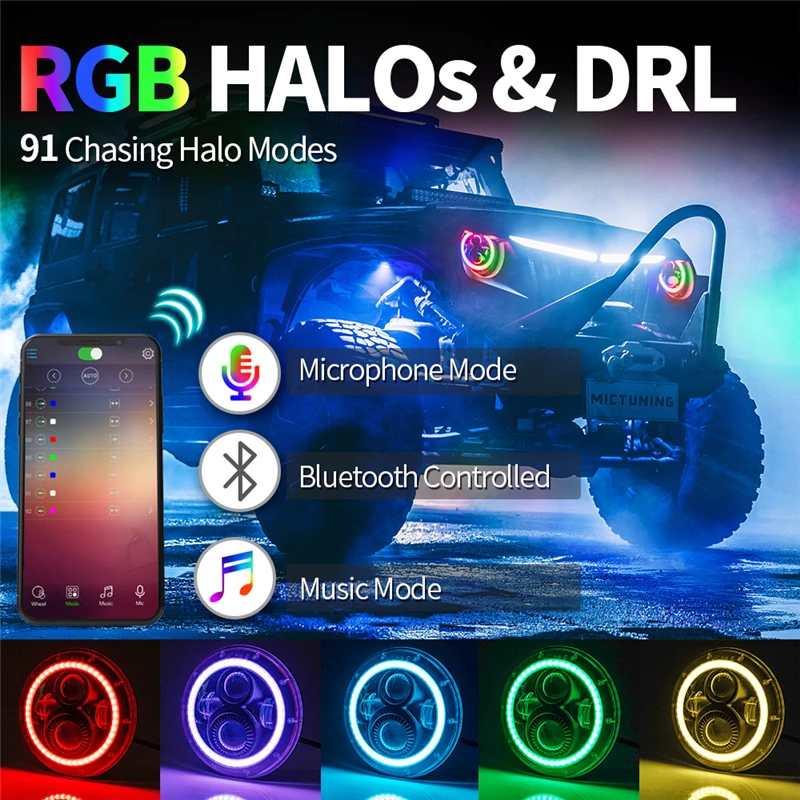 MICTUNING 7 ''круглые 80 Вт RGB фары Красочный светодиодный декоративный налобный фонарь с Bluetooth мобильным управлением для Jeep Wrangler JK LJ TJ