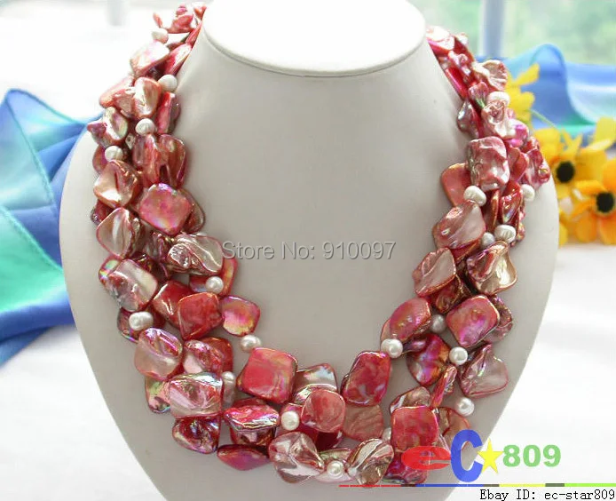 

free shipping >>>100" 16mm red square shell white pearl necklace