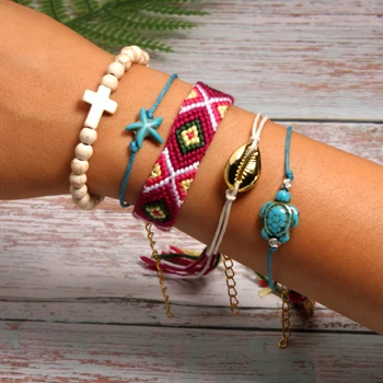 MOON GIRL 5 Pieces Puka Shell Bracelet Set Turtle Starfish Cross Beads Boho Weave Bracelet for Women Friendship Jewelry Dropship - Metal Color: 15