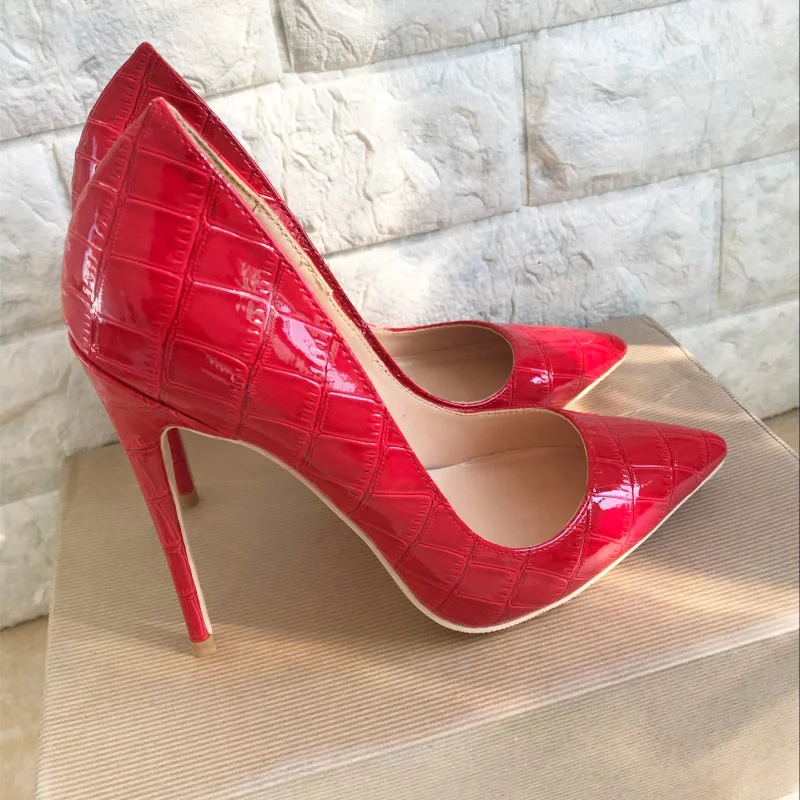 

2019 Hot Sale New European Red Alligator Pattern Women Sexy Pumps Super High Heels 12cm Patent Leather Night Club Lady Shoes