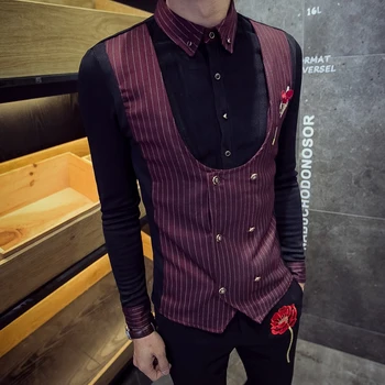 

Winter Stripe Shirts Mens Velvet Purple Shirts 2 pcs Winter Thick Mens Shirts Casual Slim Fit British Style Blue Club Outfits