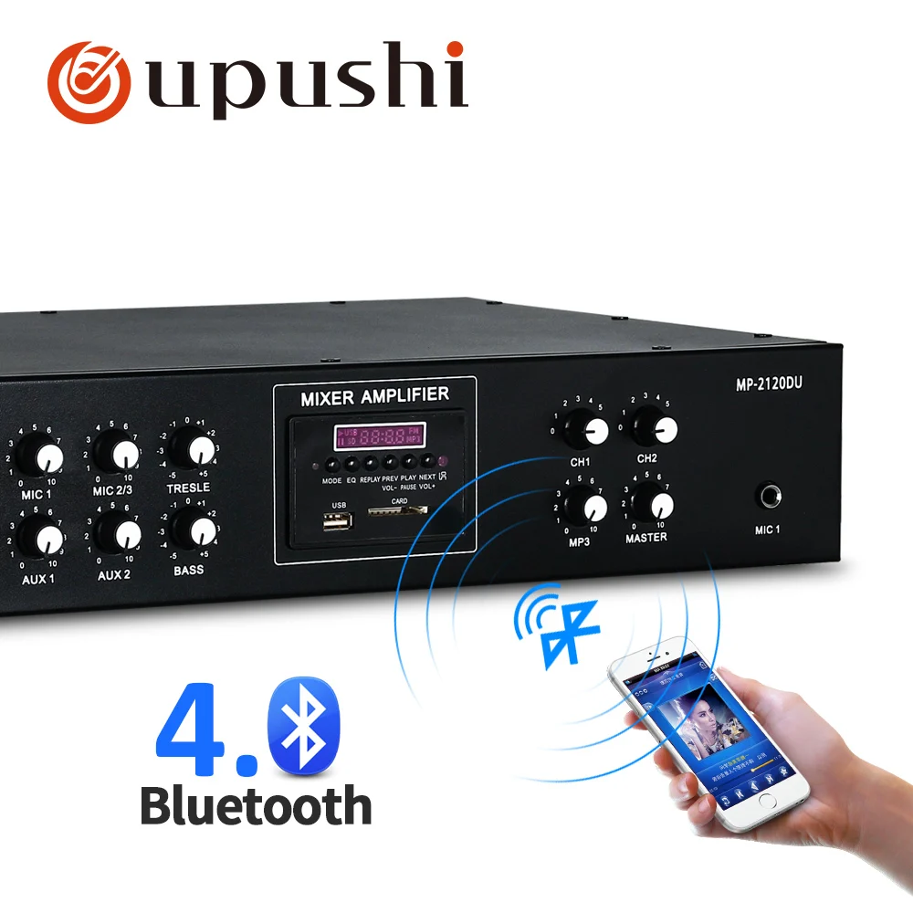 Oupushi 120W Bluetooth Pa amplifier 2 zone audio amp support remote control USB SD card FM for public address system