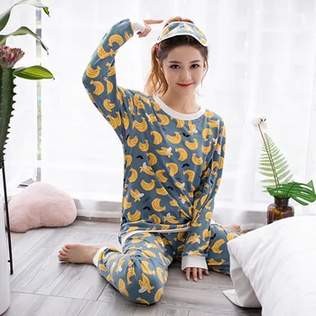 

Womens Pajamas Sets with Blinder Banana Animal Cartoon Print Girl Sleepwear Long Sleeve Suit Women Pijamas for Home Pyjama Femme