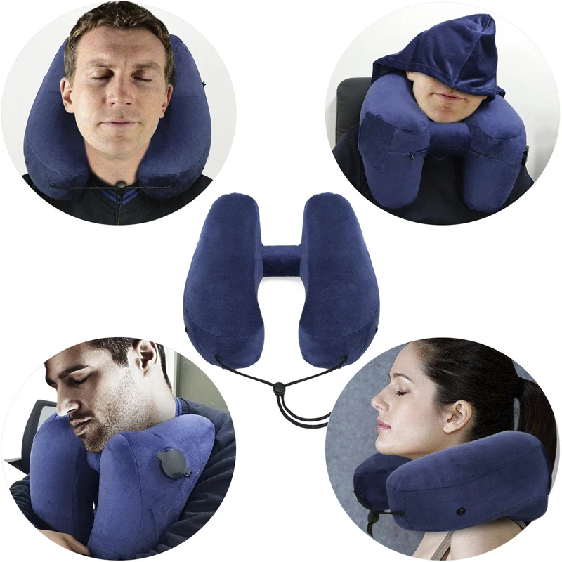 L047- Inflatable Travel Pillow Set for Airplanes Multifunction Traveling Neck Pillow Set with Hood for Women Men Kids (9)