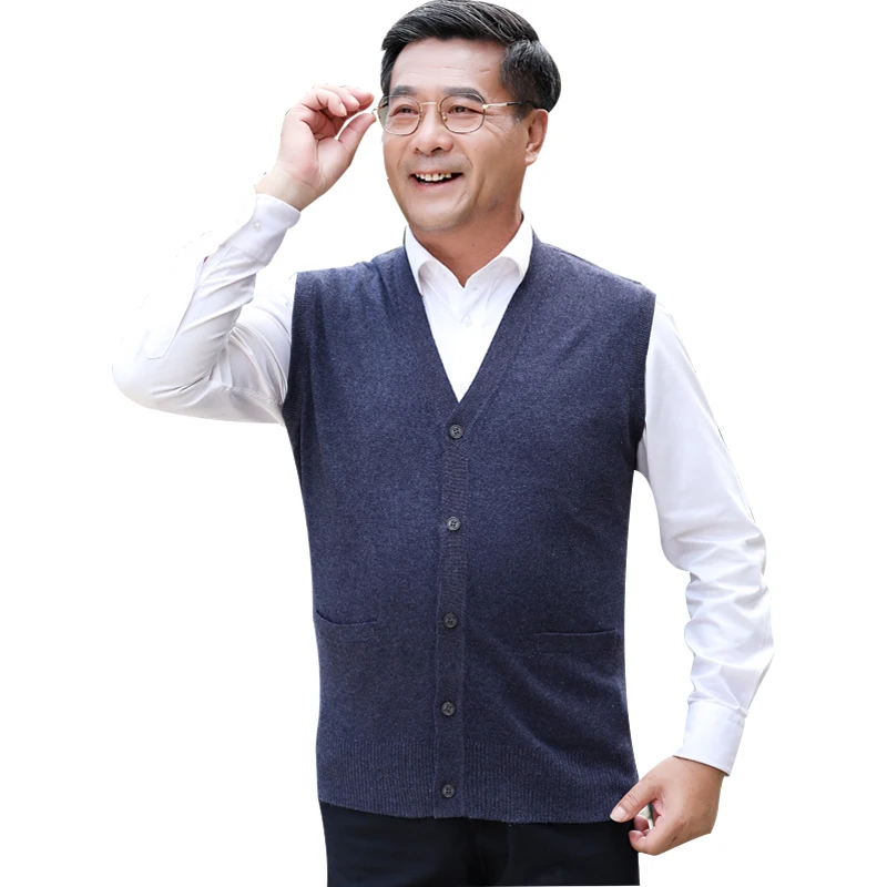 

2019 spring and autumn new men's solid color button sleeveless cardigan pocket big yards cashmere Jackets vest free shipping