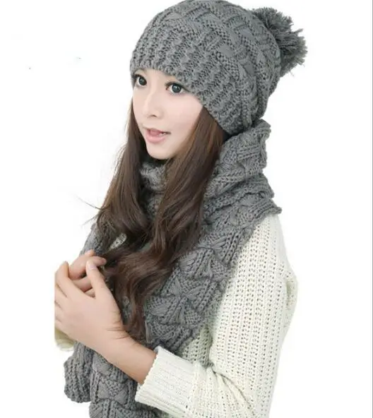 

2019 Women Winter Scarf And Hat Set Knitted Girls Thicken Knitting Collars Skull Caps 7 Colors Top Quality Beanie Ball Hats