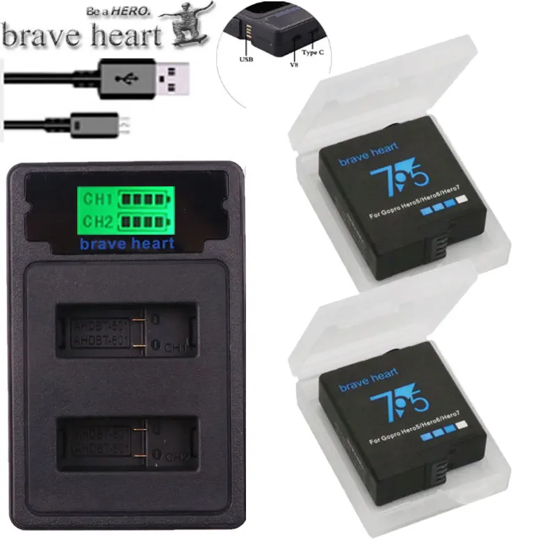 

1600mAh Battery Bateries Go pro Hero 5 6 7 Battery + Dual USB Charger for Gopro Hero5 hero6 hero 5 6 hero7 Camera Accessories