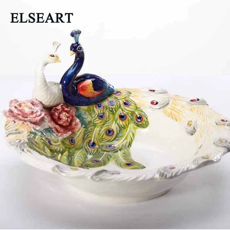 

European Ceramic Peacock Lovers Round Fruit Tray Bowl Fruit Tray Basket Candy Tray plate figurine for Wedding gift home decorat