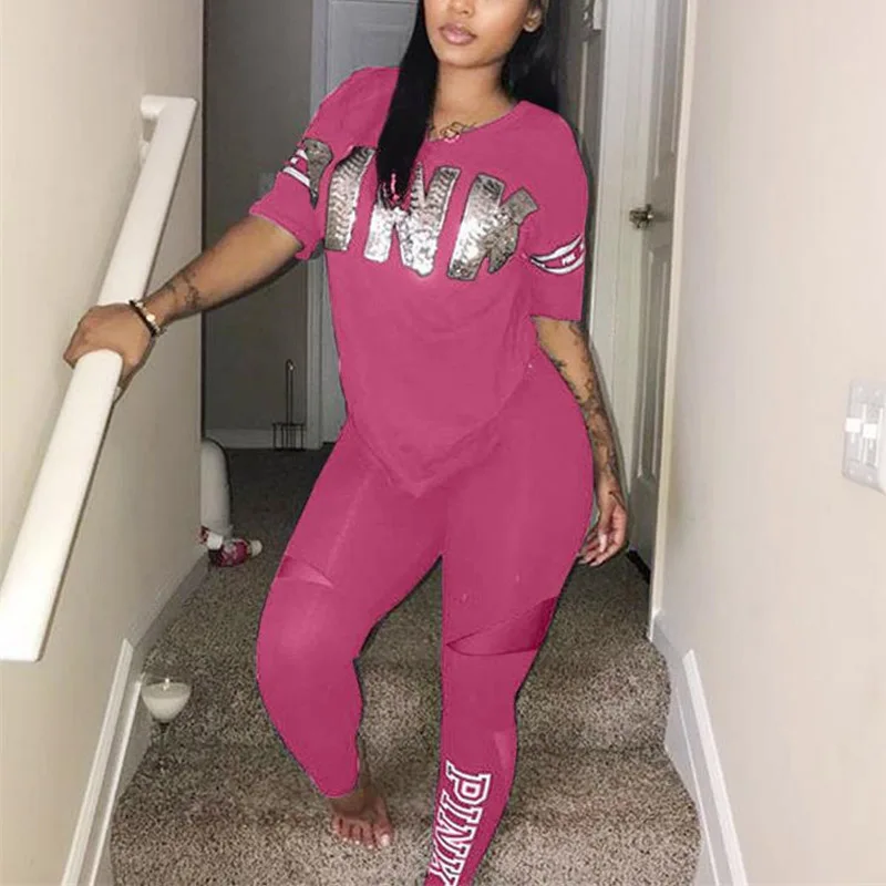 Plus Size Pink Clothing Women Two Piece Set Matching Sets Casual Letter Print Pink 2 Piece Outfits Women Sportswear Tracksuit - Цвет: Pink