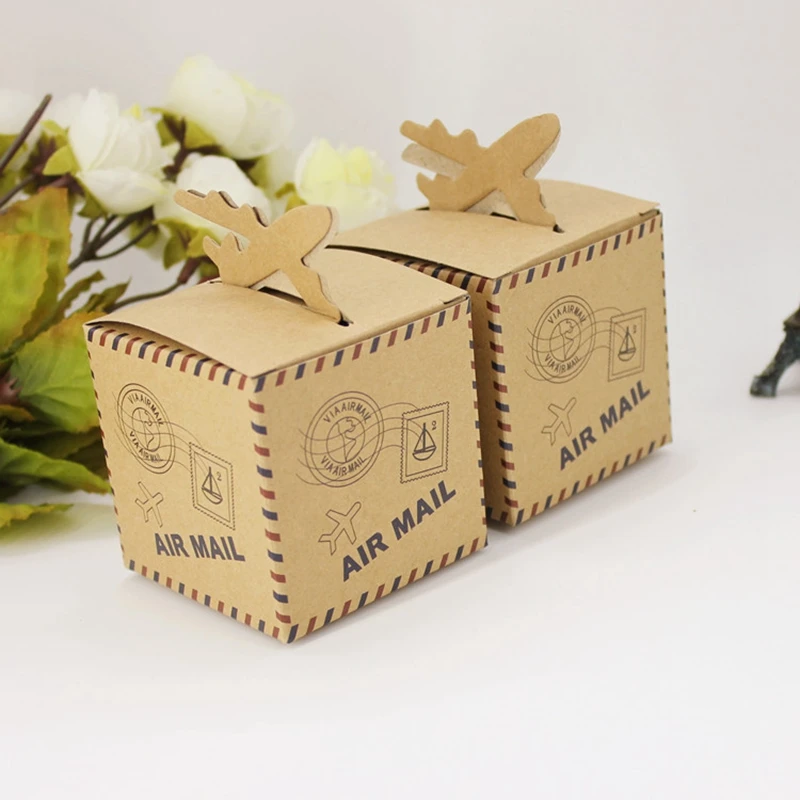 20pcs/lot Wedding Favors &quotAir Mail&quot Plane Aircraft Airplane Kraft Candy Box Gift Boxes for traveling theme wedding decoration | Дом и