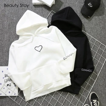 

BeautyStya Women Hoodies Solid White Cute Heart Printed Korean Long Sleeve Large Size Loose Velvet Winter Outwear Hoodies Women
