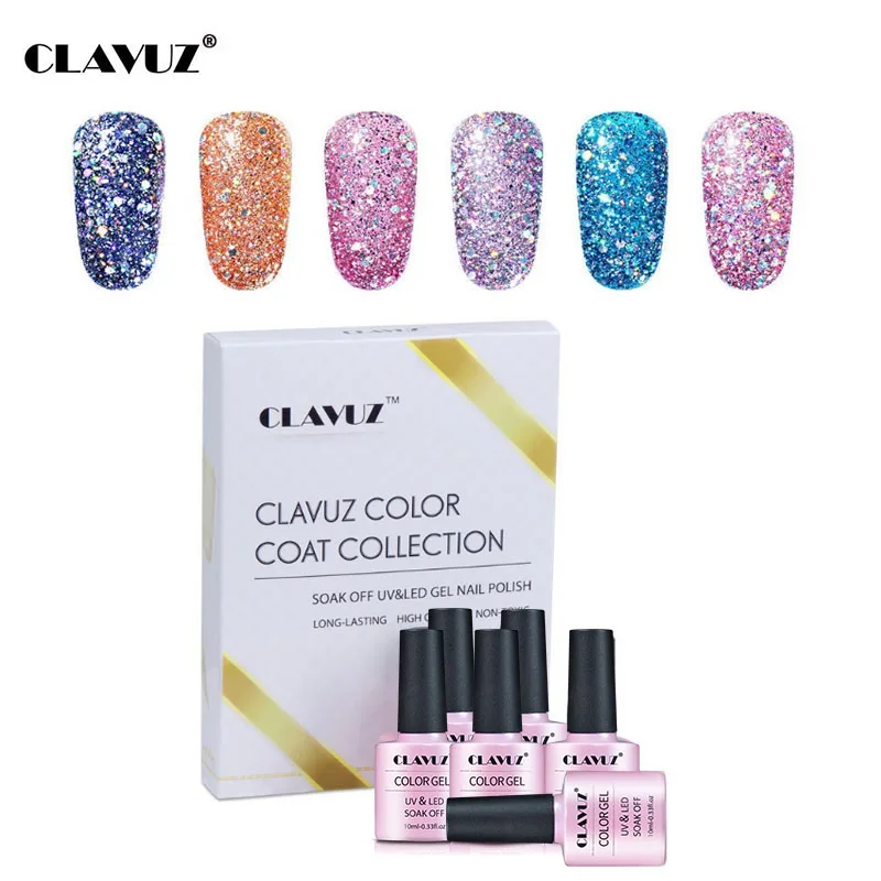 

CLAVUZ 6pcs 10ML Gel Nail Polish Glitter Set Soak Off UV LED Manicure Pedicure Salon Nail Art Box Kit Gift Varnish Lacquer Sets