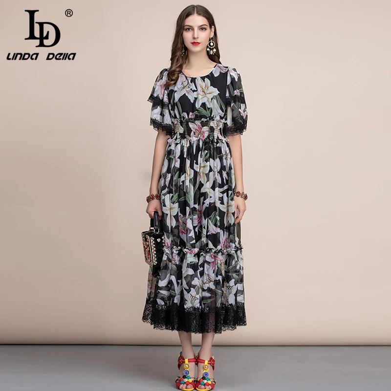 

LD LINDA DELLA Holiday Summer Dress Women's elastic Waist Ruffles Vintage Black lily Flower Print Lace Patchwork Midi Dress