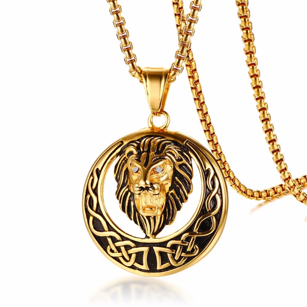 

Hip Hop Round Lion Necklace 316L Stainless Steel Gold Color Punk Animal Lion Head Pendant Necklace For Men Jewelry