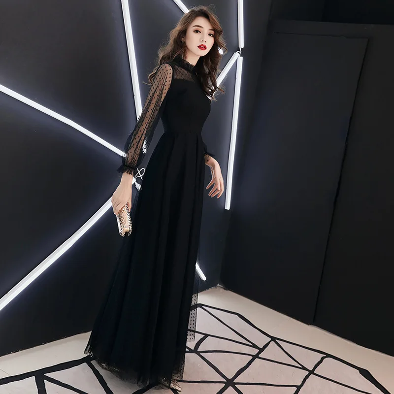 A Line Evening Dress Black Long Sleeve Dot Pattern Formal Prom Dress Elegant Illusion O-neck Floor length Print Party Gown E016