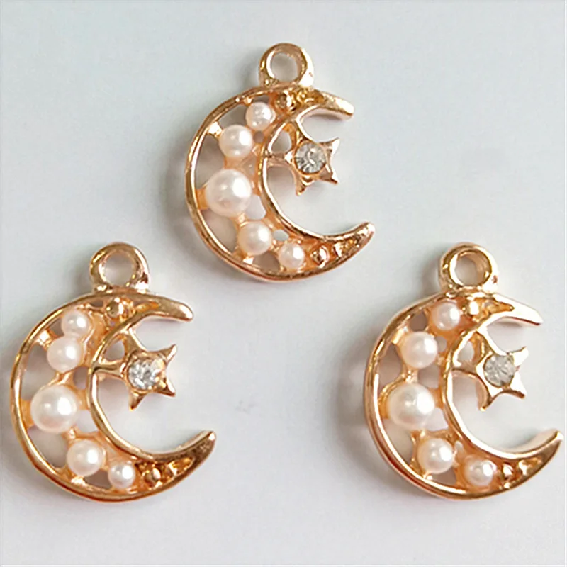 

50pcs 13*19mm Gold Color Imitation Pearl Crystal Moon Star Charm for DIY Handmade Women Wedding Jewelry Making wholesale