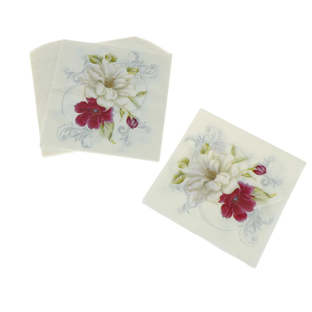 20PCS Red White Flower Lily Napkins Paper Wedding Party Printed Cocktail Servetten Birthday Serviettes Vintage Tissue