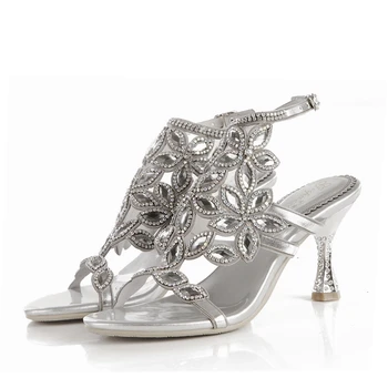 

2019 Fashion Silver Bohemian Style Open Toe Rhinestone Cup Heel Sandals Wild Retro Flower Pattern High Heels Beach Party Shoes
