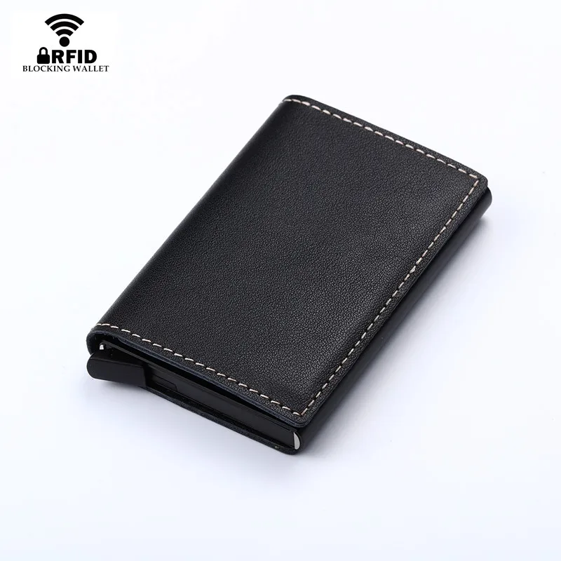 Baratos BISI GORO 2019 Unisex tarjetero de cuero genuino Vintage monedero Crazy Horse cuero Rfid aluminio crédito tarjetero