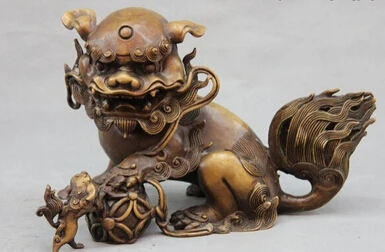 

0 Chinese Folk Copper Bronze Fengshui Fu Foo Dog Lion Kylin Kilin Play Ball Statue