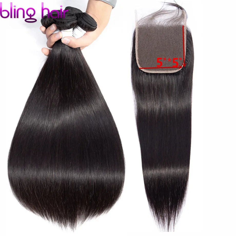 

Bling Hair 5x5 Lace Closure With Bundles Brazilian Straight 100% Human Hair Bundles With Closure Remy Extension Natural Color