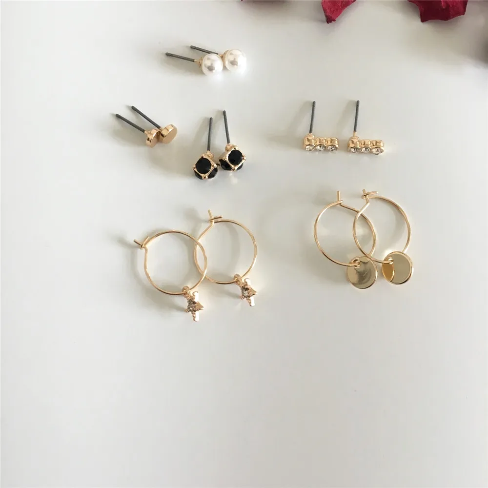 

CHIC WOMEN GILR EARRING SET GOLD COLOR PLATING STAR ROUND CUBIC STONE 6 PAIR MULTI PACK EARRING SET