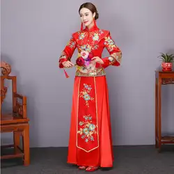 Новая мода Благородный Ретро Китайский Для женщин невесты платье Ципао Длинные свадебные красные Qipao нежного шелка Вышивка Cheongsam