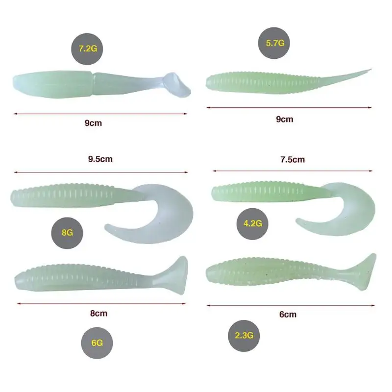 6 шт./компл. светящийся в темноте мягкий приманки 95 мм Пластик световой весло джиг светятся в темноте T хвост бионические приманки для рыбной ловли приманка песка отпуску для стойка