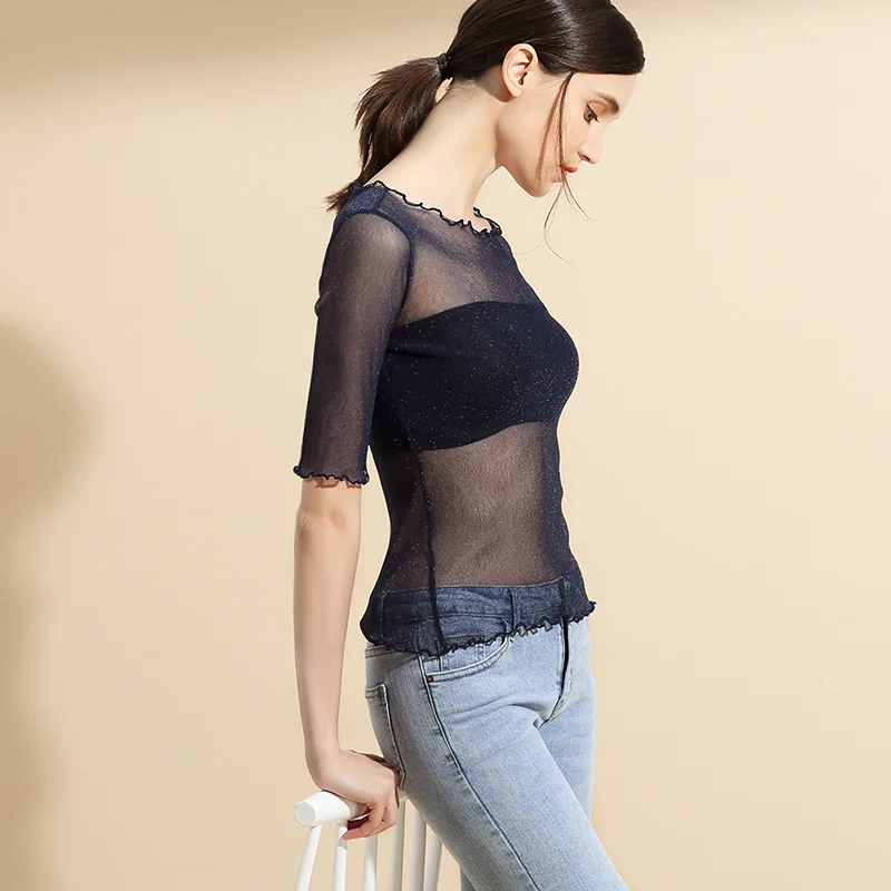 2018 new Fashion Five sleeves Summer Sexy T-shirts see through mesh Women Solid Color Fashion T-shirt AL28679 2018 new Fashion Five sleeves Summer Sexy T-shirts see through mesh Women Solid Color Fashion T-shirt AL28679